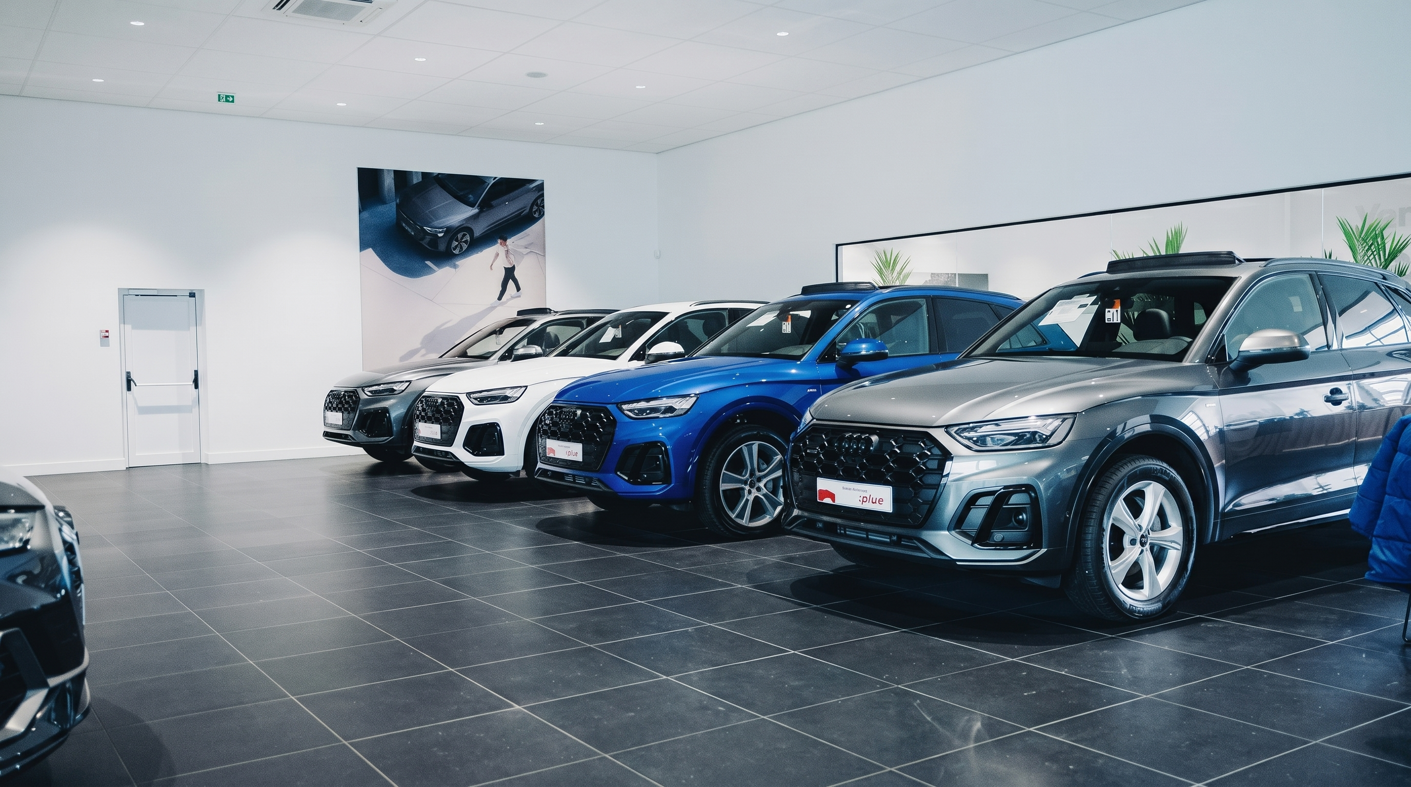 Row of new cars in a dealership showroom
